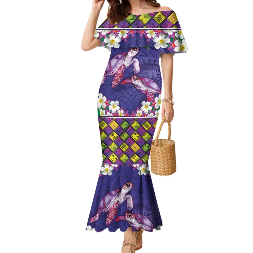 Hawaiian Lei Turtle and Plumeria Family Matching Mermaid Dress and Hawaiian Shirt Polynerian Art Tattoo-Navy Color