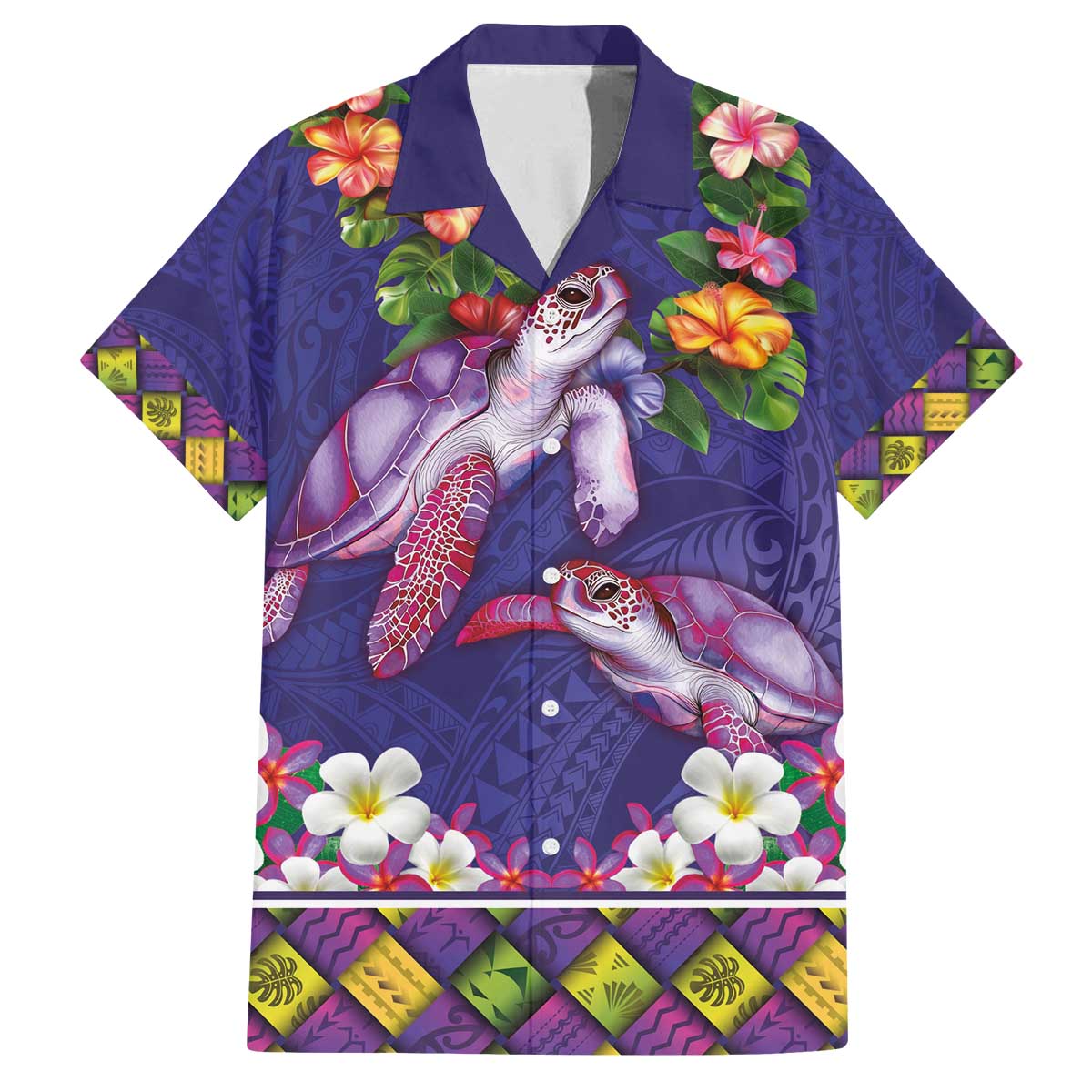 Hawaiian Lei Turtle and Plumeria Family Matching Off The Shoulder Long Sleeve Dress and Hawaiian Shirt Polynerian Art Tattoo-Navy Color