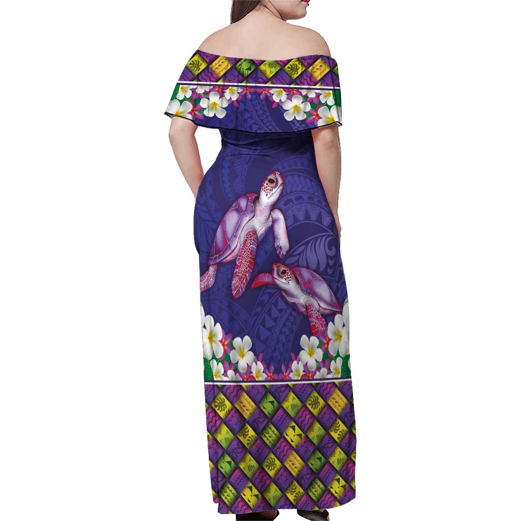 Hawaiian Lei Turtle and Plumeria Family Matching Off Shoulder Maxi Dress and Hawaiian Shirt Polynerian Art Tattoo-Navy Color