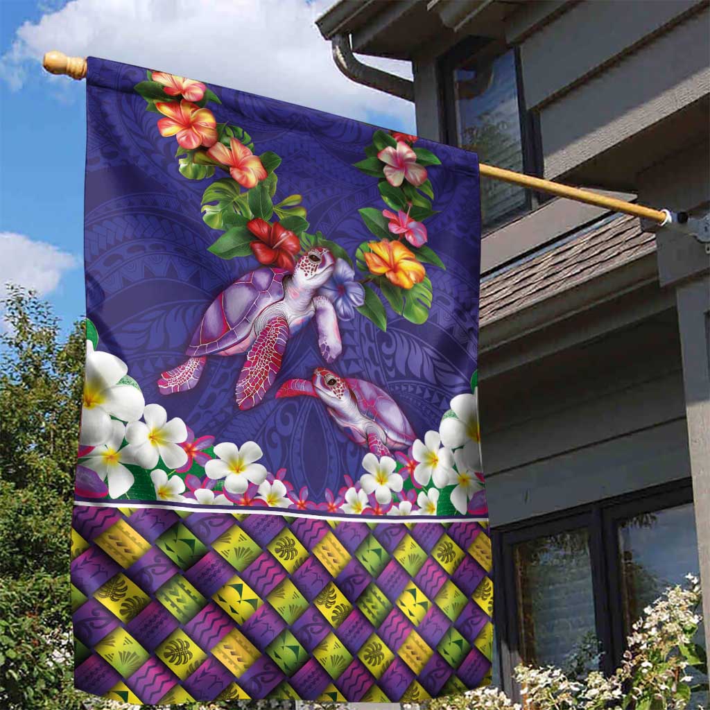 Hawaiian Lei Turtle and Plumeria Garden Flag Polynerian Art Tattoo-Navy Color