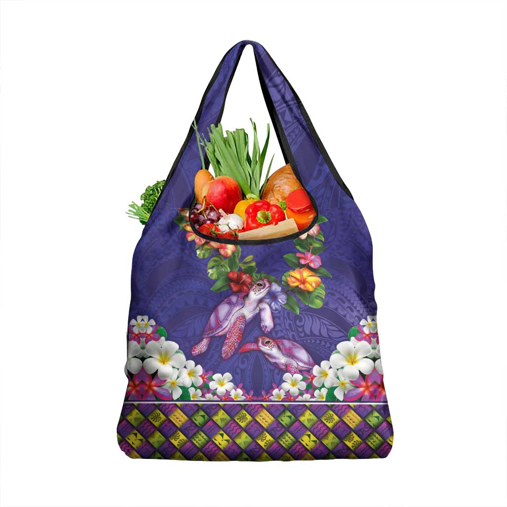 Hawaiian Lei Turtle and Plumeria Grocery Bag Polynerian Art Tattoo-Navy Color