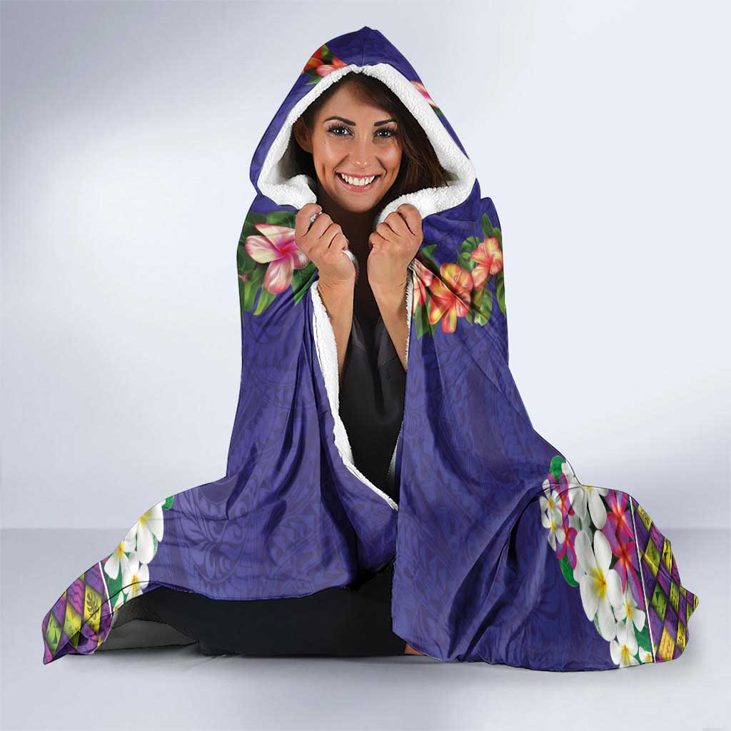 Hawaiian Lei Turtle and Plumeria Hooded Blanket Polynerian Art Tattoo-Navy Color