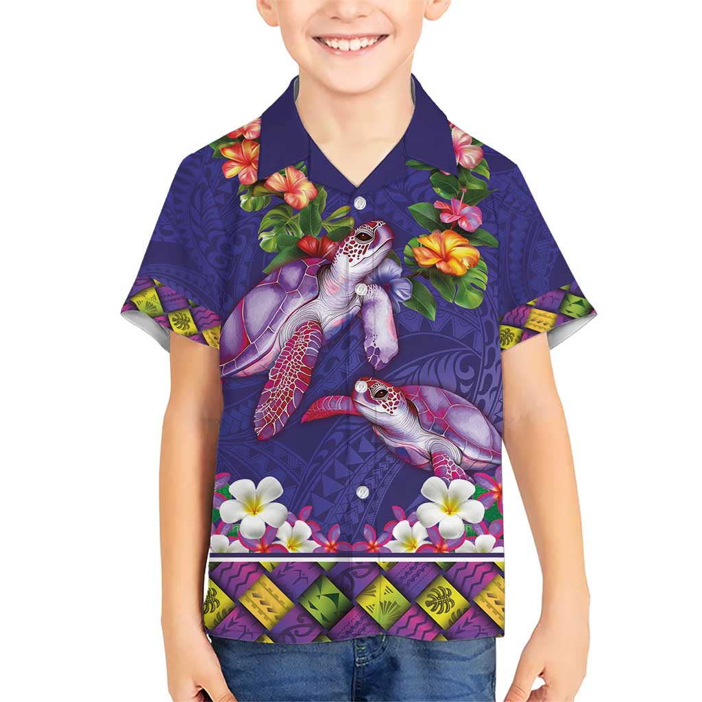 Hawaiian Lei Turtle and Plumeria Kid Hawaiian Shirt Polynerian Art Tattoo-Navy Color