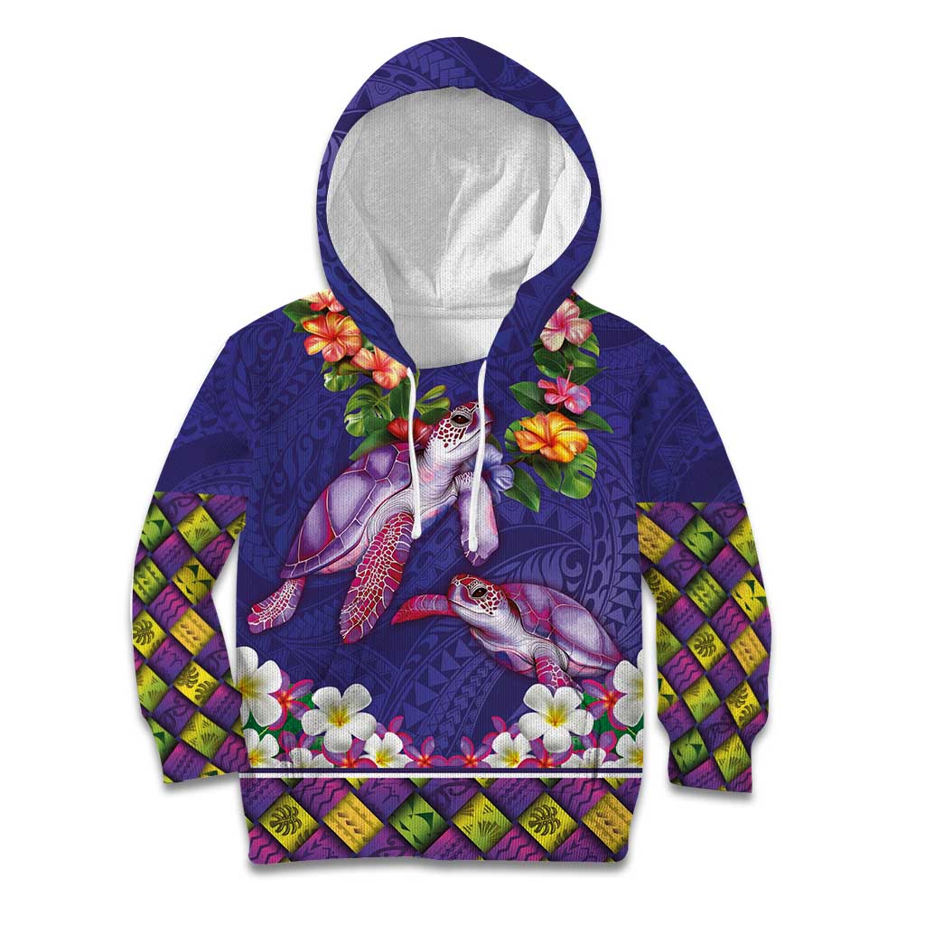 Hawaiian Lei Turtle and Plumeria Kid Hoodie Polynerian Art Tattoo-Navy Color