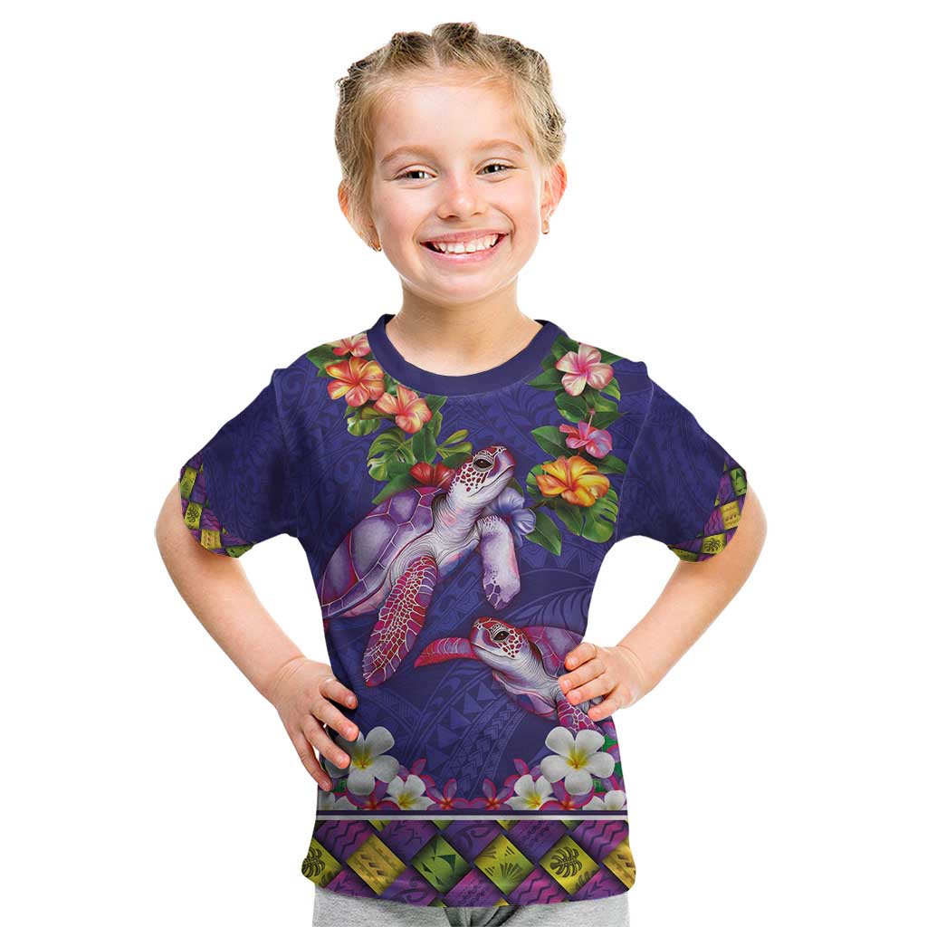 Hawaiian Lei Turtle and Plumeria Kid T Shirt Polynerian Art Tattoo-Navy Color