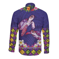 Hawaiian Lei Turtle and Plumeria Long Sleeve Button Shirt Polynerian Art Tattoo-Navy Color