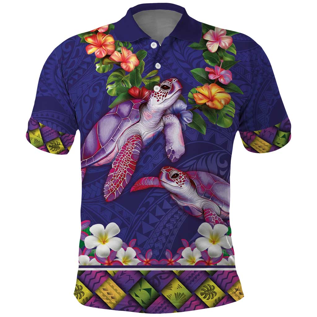 Hawaiian Lei Turtle and Plumeria Polo Shirt Polynerian Art Tattoo-Navy Color
