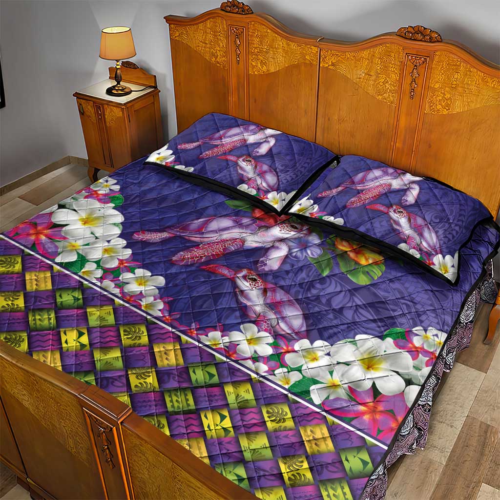 Hawaiian Lei Turtle and Plumeria Quilt Bed Set Polynerian Art Tattoo-Navy Color