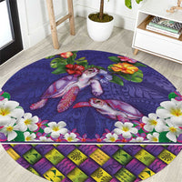 Hawaiian Lei Turtle and Plumeria Round Carpet Polynerian Art Tattoo-Navy Color