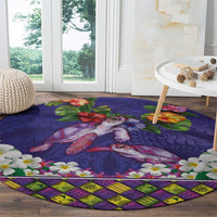 Hawaiian Lei Turtle and Plumeria Round Carpet Polynerian Art Tattoo-Navy Color