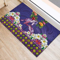 Hawaiian Lei Turtle and Plumeria Rubber Doormat Polynerian Art Tattoo-Navy Color