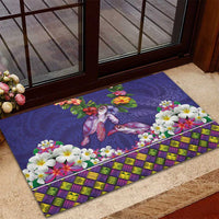 Hawaiian Lei Turtle and Plumeria Rubber Doormat Polynerian Art Tattoo-Navy Color