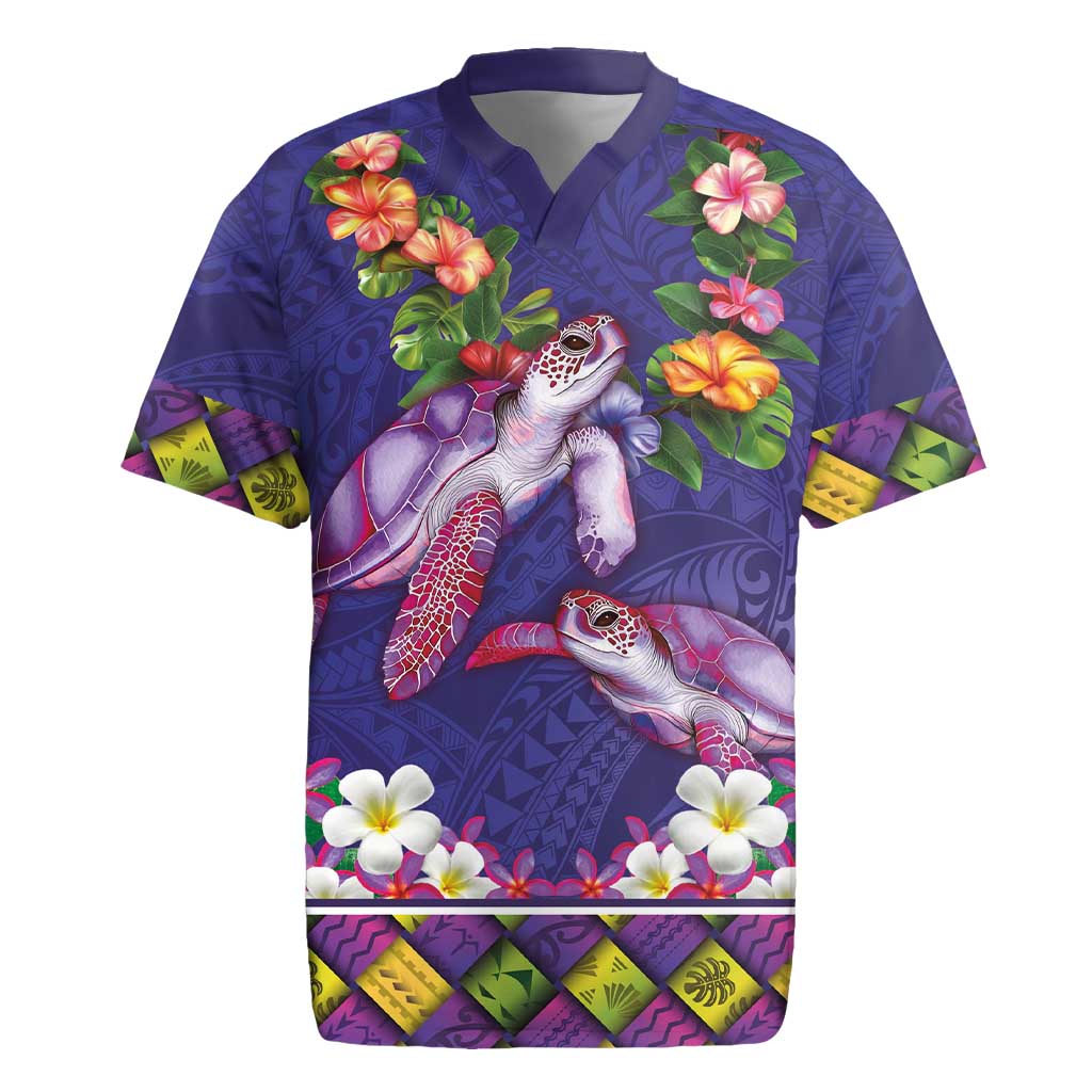 Hawaiian Lei Turtle and Plumeria Rugby Jersey Polynerian Art Tattoo-Navy Color