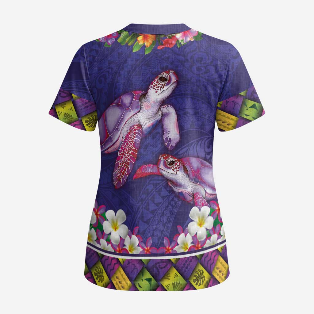 Hawaiian Lei Turtle and Plumeria Scrub Top Polynerian Art Tattoo-Navy Color - Polynesian Pride