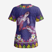 Hawaiian Lei Turtle and Plumeria Scrub Top Polynerian Art Tattoo-Navy Color - Polynesian Pride