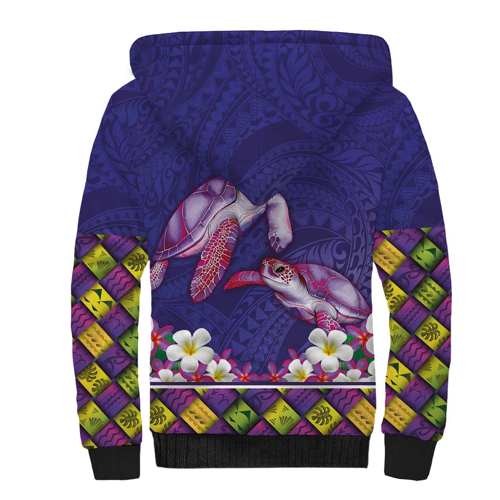 Hawaiian Lei Turtle and Plumeria Sherpa Hoodie Polynerian Art Tattoo-Navy Color