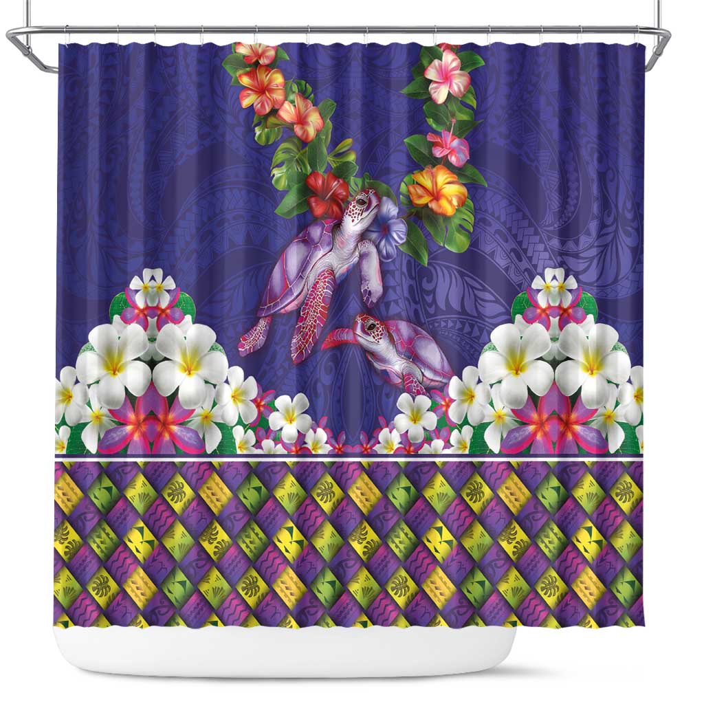 Hawaiian Lei Turtle and Plumeria Shower Curtain Polynerian Art Tattoo-Navy Color