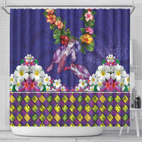Hawaiian Lei Turtle and Plumeria Shower Curtain Polynerian Art Tattoo-Navy Color