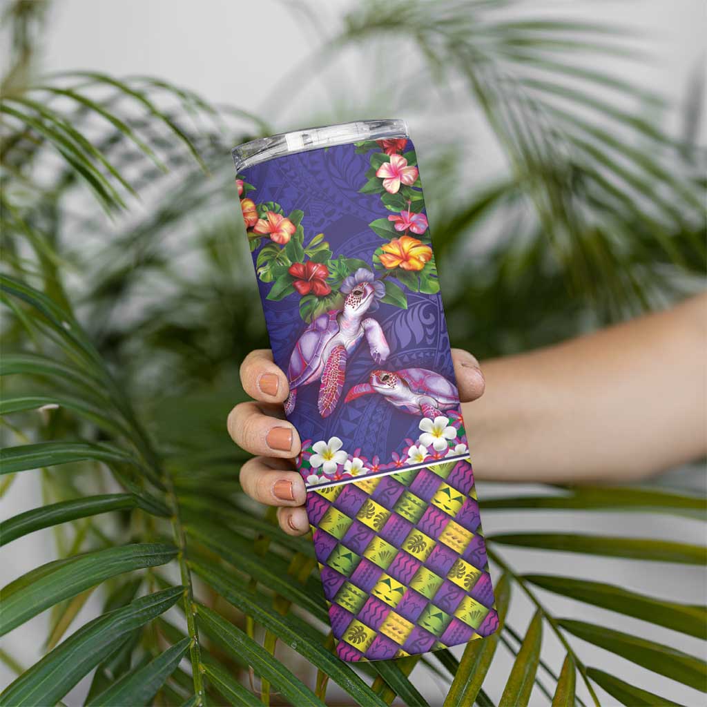 Hawaiian Lei Turtle and Plumeria Skinny Tumbler Polynerian Art Tattoo-Navy Color LT03 - Polynesian Pride