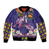 Hawaiian Lei Turtle and Plumeria Sleeve Zip Bomber Jacket Polynerian Art Tattoo-Navy Color