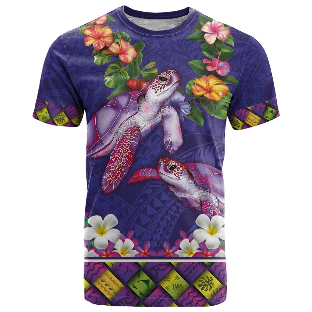 Hawaiian Lei Turtle and Plumeria T Shirt Polynerian Art Tattoo-Navy Color
