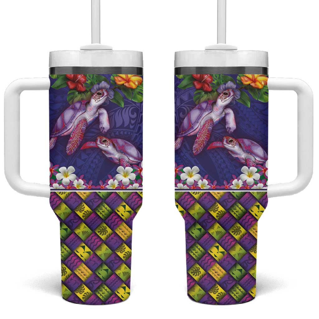 Hawaiian Lei Turtle and Plumeria Tumbler With Handle Polynerian Art Tattoo-Navy Color