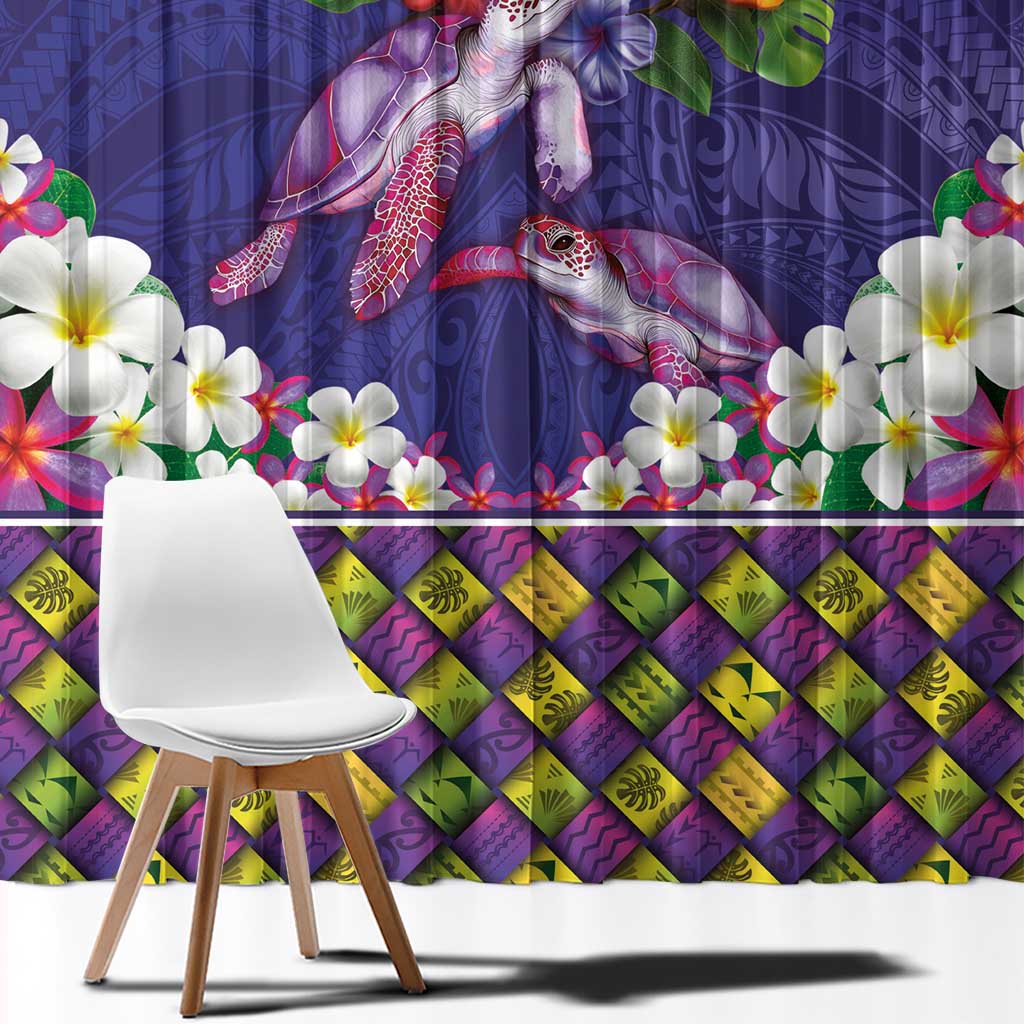 Hawaiian Lei Turtle and Plumeria Window Curtain Polynerian Art Tattoo-Navy Color