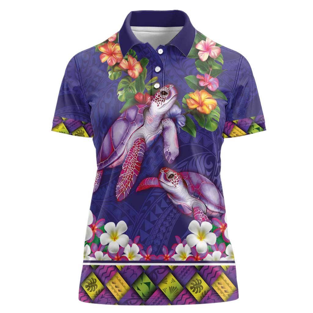 Hawaiian Lei Turtle and Plumeria Women Polo Shirt Polynerian Art Tattoo-Navy Color