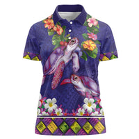 Hawaiian Lei Turtle and Plumeria Women Polo Shirt Polynerian Art Tattoo-Navy Color