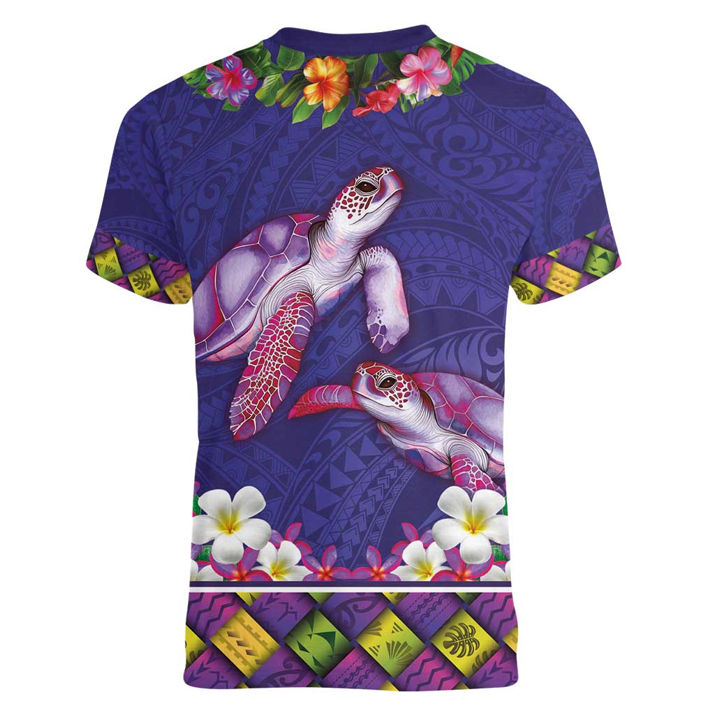 Hawaiian Lei Turtle and Plumeria Women V-Neck T-Shirt Polynerian Art Tattoo-Navy Color LT03 - Polynesian Pride