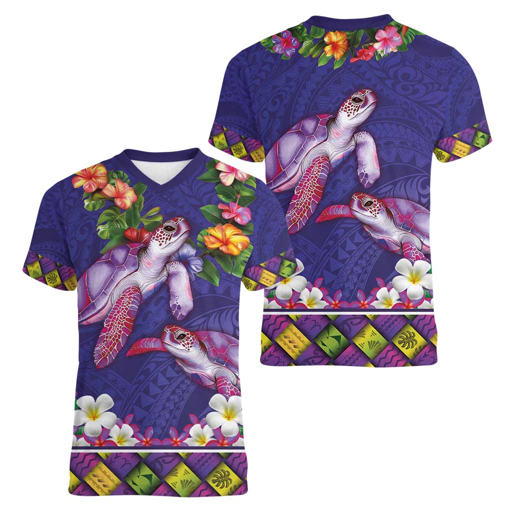 Hawaiian Lei Turtle and Plumeria Women V-Neck T-Shirt Polynerian Art Tattoo-Navy Color LT03 - Polynesian Pride