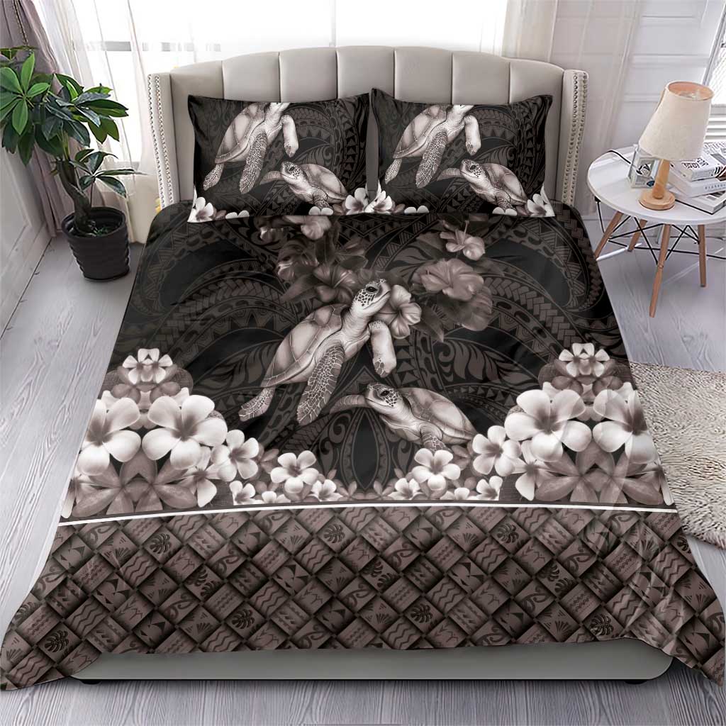 Hawaiian Lei Turtle and Plumeria Bedding Set Polynerian Art Tattoo-Grayscale Mode