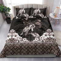 Hawaiian Lei Turtle and Plumeria Bedding Set Polynerian Art Tattoo-Grayscale Mode