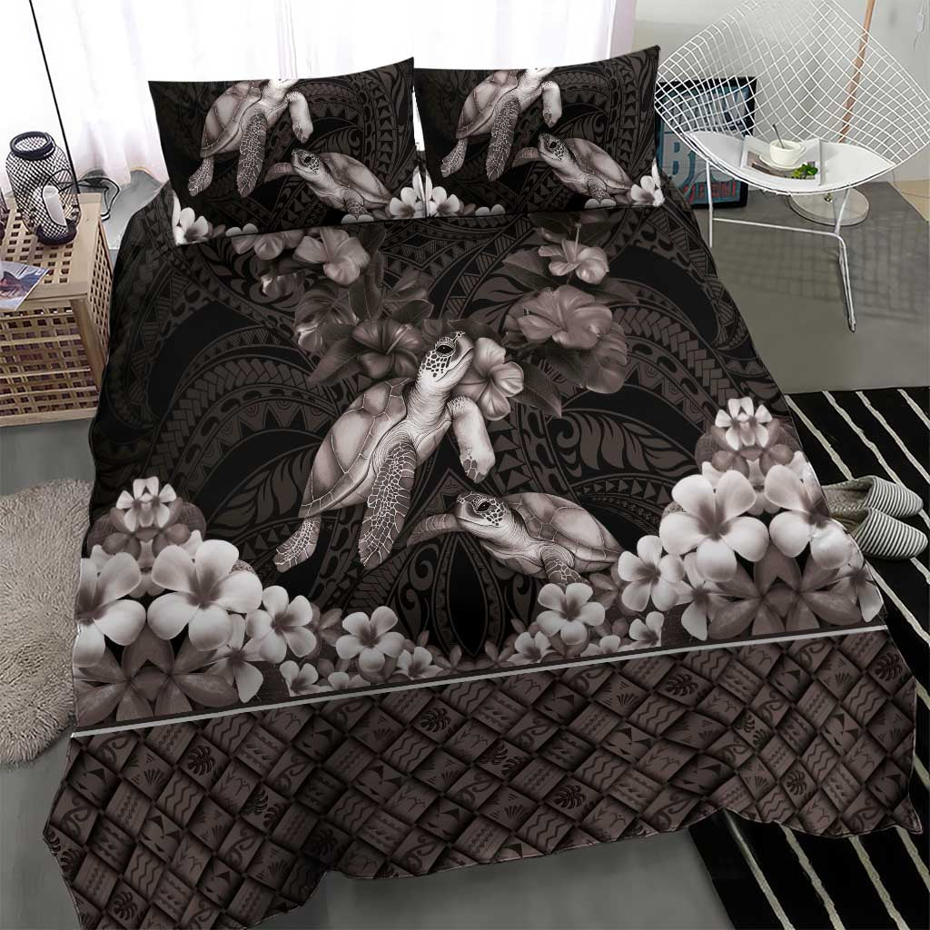 Hawaiian Lei Turtle and Plumeria Bedding Set Polynerian Art Tattoo-Grayscale Mode