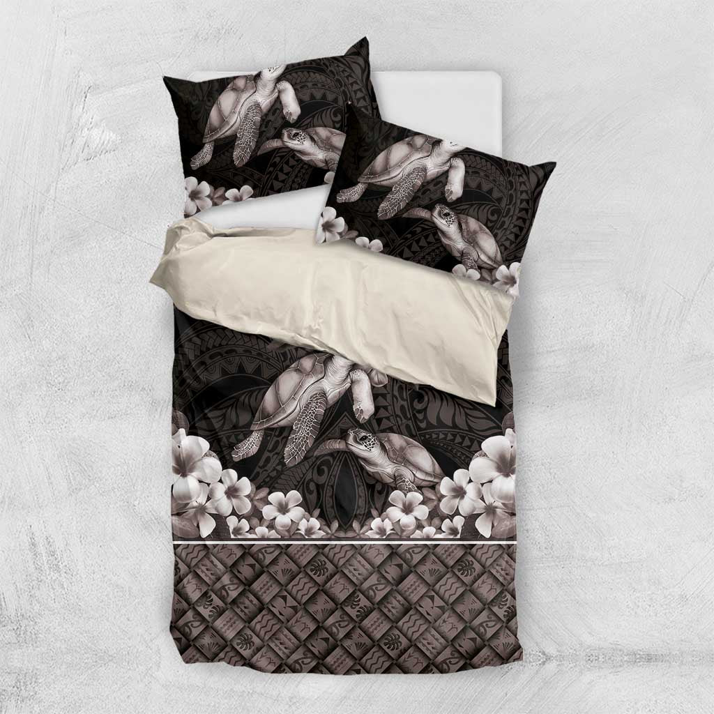 Hawaiian Lei Turtle and Plumeria Bedding Set Polynerian Art Tattoo-Grayscale Mode