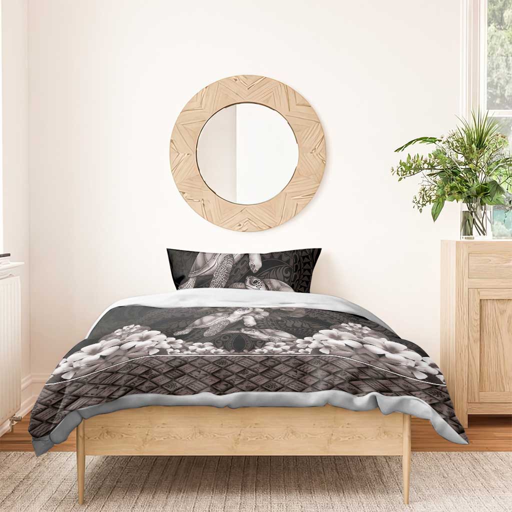 Hawaiian Lei Turtle and Plumeria Bedding Set Polynerian Art Tattoo-Grayscale Mode