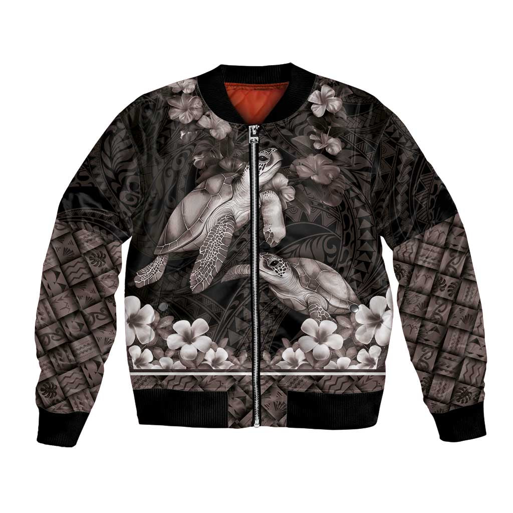 Hawaiian Lei Turtle and Plumeria Bomber Jacket Polynerian Art Tattoo-Grayscale Mode LT03 Unisex Black - Polynesian Pride