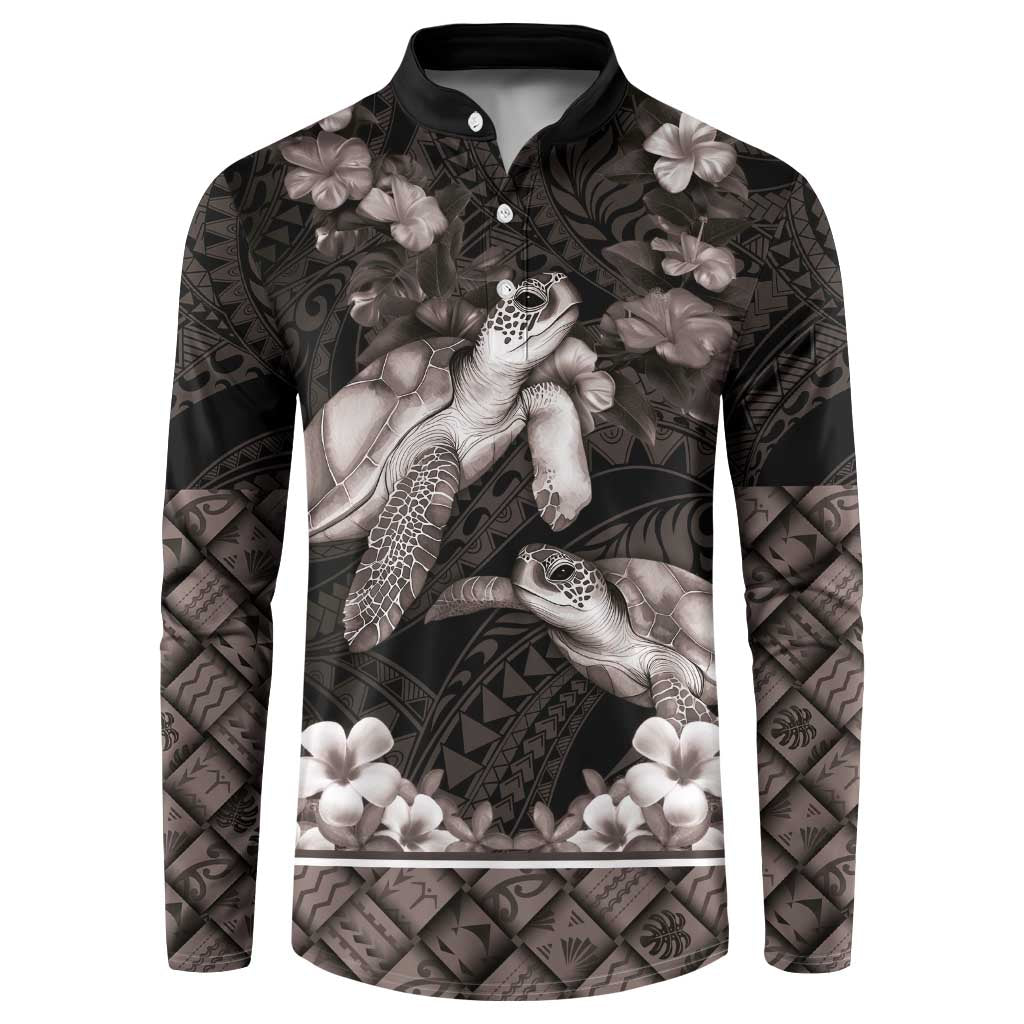 Hawaiian Lei Turtle and Plumeria Button Sweatshirt Polynerian Art Tattoo-Grayscale Mode
