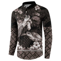 Hawaiian Lei Turtle and Plumeria Button Sweatshirt Polynerian Art Tattoo-Grayscale Mode