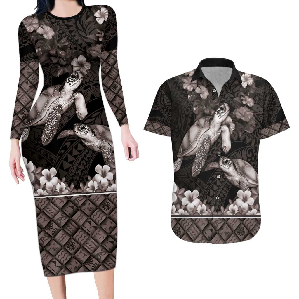 Hawaiian Lei Turtle and Plumeria Couples Matching Long Sleeve Bodycon Dress and Hawaiian Shirt Polynerian Art Tattoo-Grayscale Mode