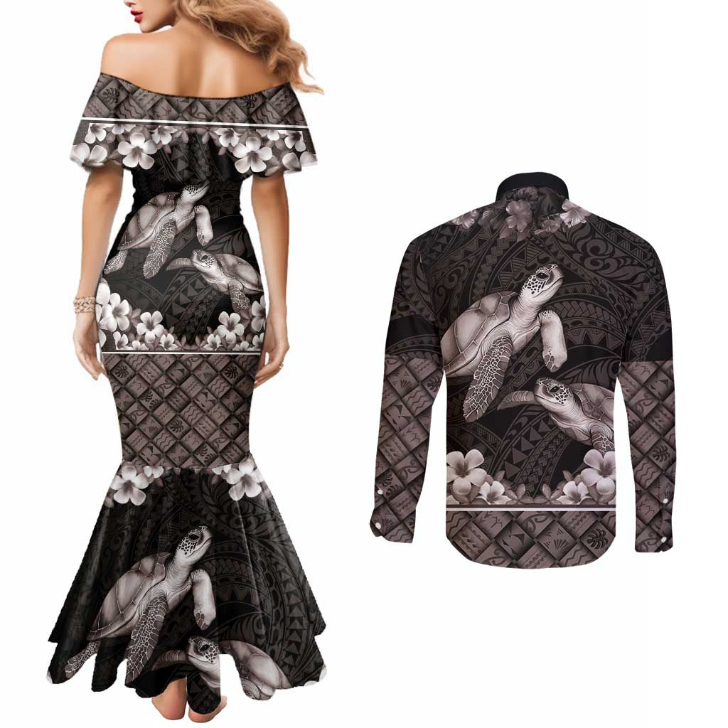 Hawaiian Lei Turtle and Plumeria Couples Matching Mermaid Dress and Long Sleeve Button Shirt Polynerian Art Tattoo-Grayscale Mode