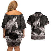Hawaiian Lei Turtle and Plumeria Couples Matching Off Shoulder Short Dress and Hawaiian Shirt Polynerian Art Tattoo-Grayscale Mode