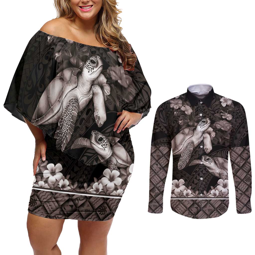 Hawaiian Lei Turtle and Plumeria Couples Matching Off Shoulder Short Dress and Long Sleeve Button Shirt Polynerian Art Tattoo-Grayscale Mode