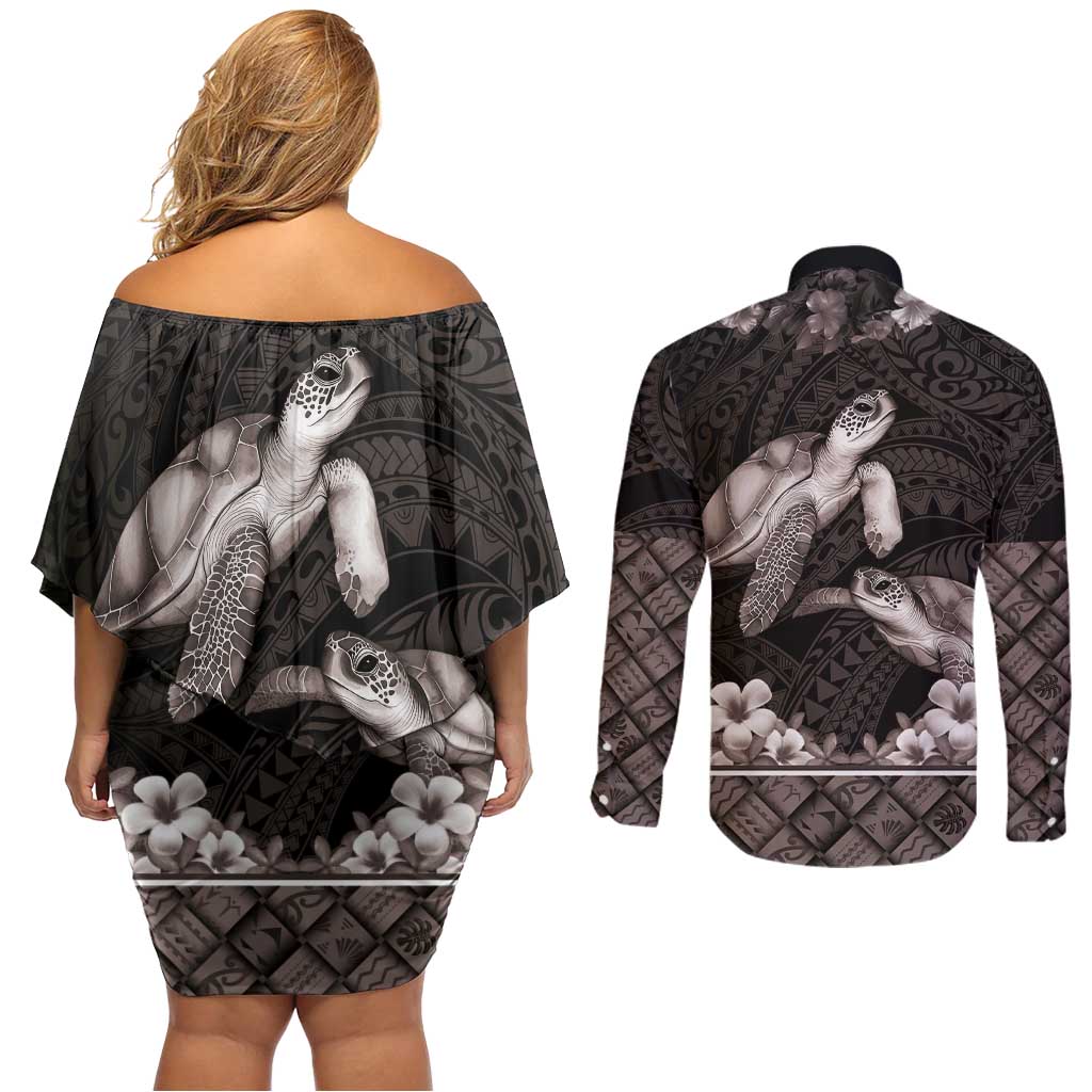 Hawaiian Lei Turtle and Plumeria Couples Matching Off Shoulder Short Dress and Long Sleeve Button Shirt Polynerian Art Tattoo-Grayscale Mode LT03 - Polynesian Pride