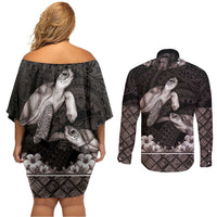 Hawaiian Lei Turtle and Plumeria Couples Matching Off Shoulder Short Dress and Long Sleeve Button Shirt Polynerian Art Tattoo-Grayscale Mode LT03 - Polynesian Pride