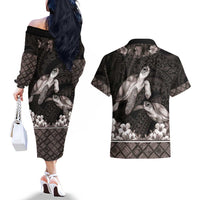 Hawaiian Lei Turtle and Plumeria Couples Matching Off The Shoulder Long Sleeve Dress and Hawaiian Shirt Polynerian Art Tattoo-Grayscale Mode
