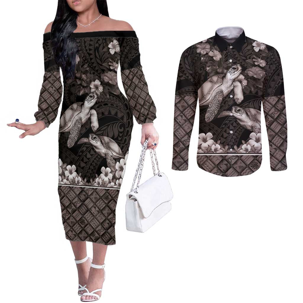 Hawaiian Lei Turtle and Plumeria Couples Matching Off The Shoulder Long Sleeve Dress and Long Sleeve Button Shirt Polynerian Art Tattoo-Grayscale Mode LT03 Black - Polynesian Pride