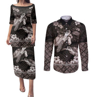Hawaiian Lei Turtle and Plumeria Couples Matching Puletasi and Long Sleeve Button Shirt Polynerian Art Tattoo-Grayscale Mode