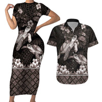 Hawaiian Lei Turtle and Plumeria Couples Matching Short Sleeve Bodycon Dress and Hawaiian Shirt Polynerian Art Tattoo-Grayscale Mode