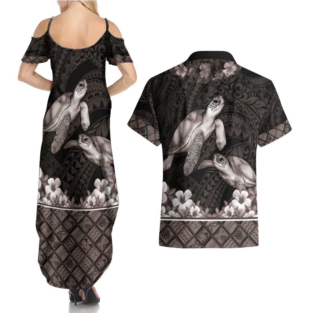 Hawaiian Lei Turtle and Plumeria Couples Matching Summer Maxi Dress and Hawaiian Shirt Polynerian Art Tattoo-Grayscale Mode